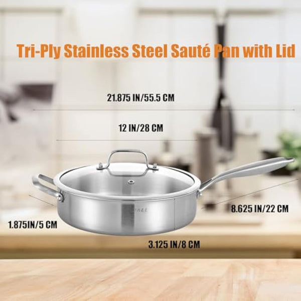 Inqibee 28 CM Tri-Ply Stainless Steel Sauté Pan with Lid,Induction Deep Frying Pan,Detachable Ergonomic Handle and Oven Safe