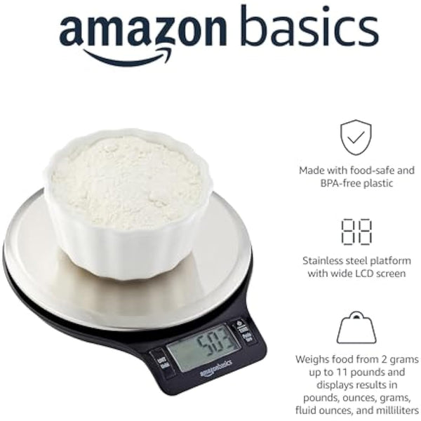 Amazon Basics Digital kitchen scales with LCD display (with batteries), Black and Stainless Steel, BPA free, Weighs up to 11 pounds