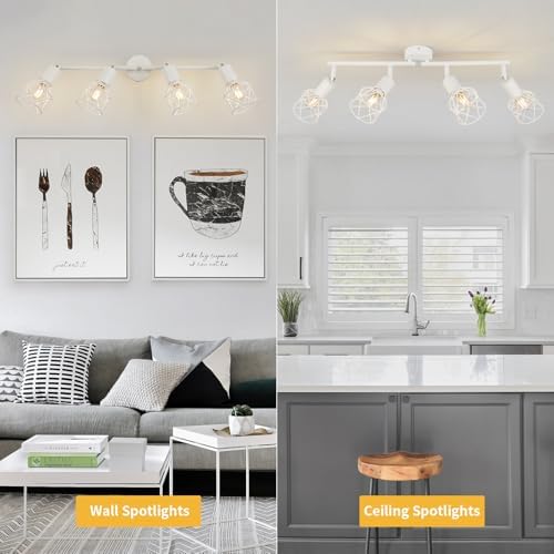 FORCOSO Ceiling Lights Spotlight, 4 Way Spot Lights 350°Adjustable, E14 Base White Light Shade Metal Wire Cage Light Fittings, Industrial Wall Ceiling Lamp for Kitchen Living Room Hallway Bedroom