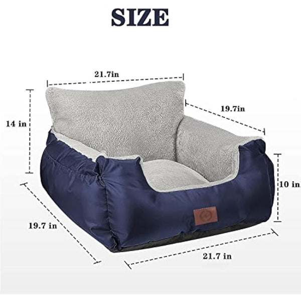GoFirst Dog or Cat Booster Seat - Travel Car Bed with Storage Pocket, Clip-On Safety Leash, Waterproof Warm Plush, Navy Blue