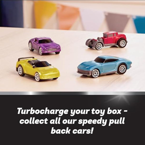 DRIVEN by Battat - Pull-Back 4 Pack Turbocharge Series Set with 4 Car Toys and Race Track Accessories for Girls and Boys, Age 3+