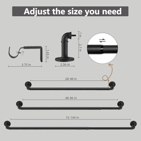 3 Pack Black Curtain Poles Metal, Industrial Curtain Rod for Eyelet Curtains, Industrial Curtain Pole for Windows 122cm-218cm, Room Divider Curtain Pole.