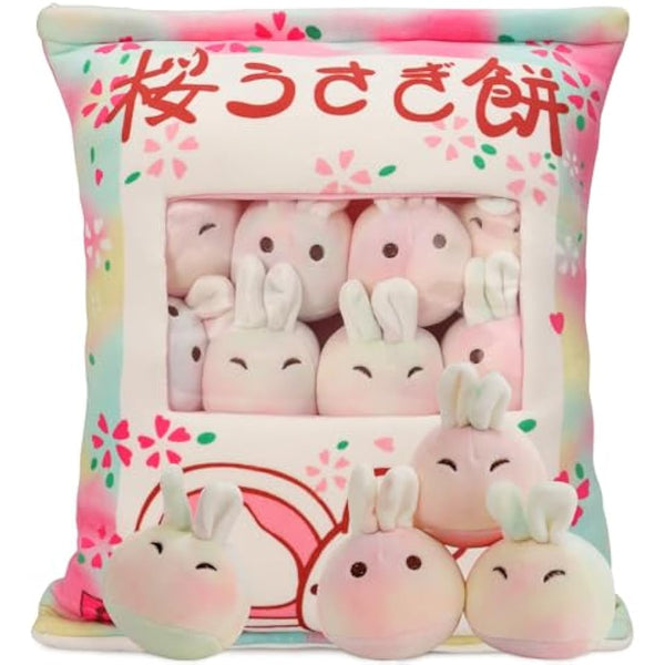 HXPLN Cute Snack Pillow Bunny Plush Pillow, Kawaii Rabbit Pudding Pillow with Bunny Dolls, Removable Stuffed Animal Toys Creative Gift for Kids, Girls, Boys (6 Colorful Bunnies)