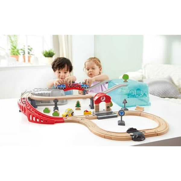 Hape City Railway and Train Bucket Set Toy with storage box that forms part of the scene, Ages 3 and up