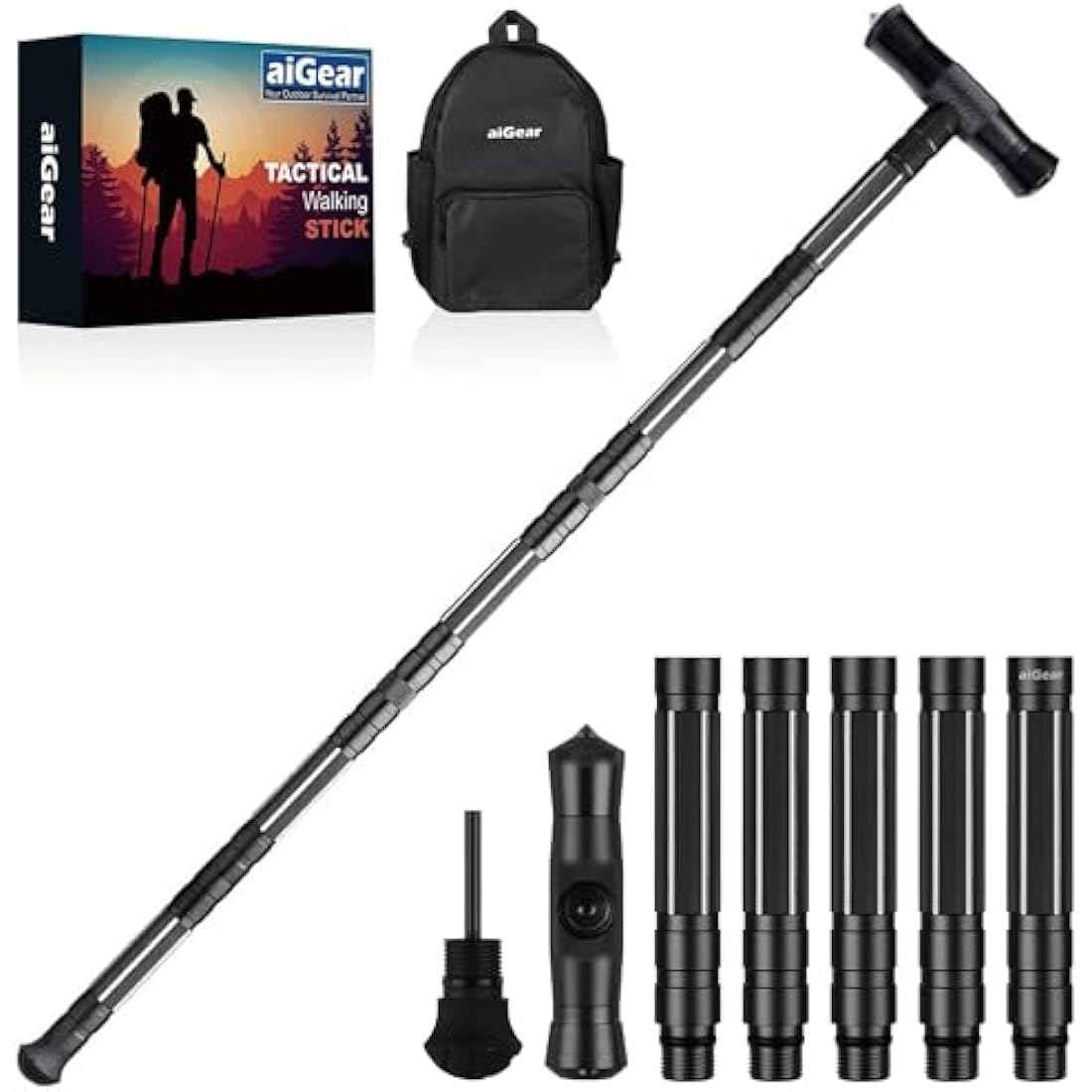 aiGear Tactical Stick/Hiking Walking Trekking Poles | CNC Machined Aluminum Tactical Cane - Adjustable Length | For Hiking Camping Mountaining Backpacking | Color Black