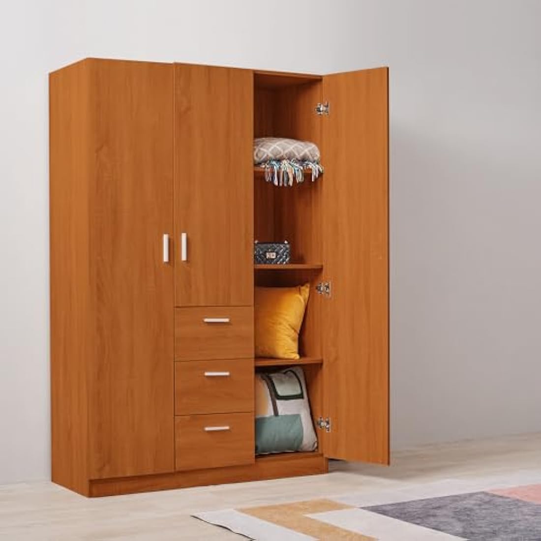 3 Door 3 Drawer Wardrobe, Modern Solid Pine Wood Wardrobe with Hanging Rail Living Bedroom Furniture (Oak)