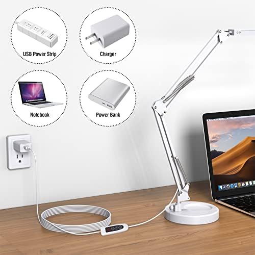 SKYLEO LED Desk Lamp with Clip and Base - Eye Protection Desk Lamps for Study - Swing Arm USB Desk Lamp Office - 3 Light Modes x 10 Brightness Levels - 5V/2A Adapter - White