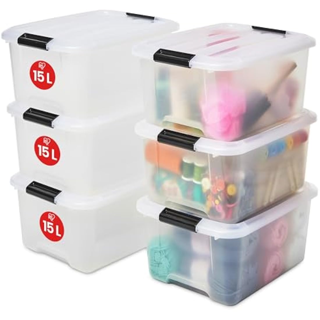 Iris Ohyama Plastic Storage Boxes with Lids, 15L, Set of 6, Clear, Latching Buckles with Handles, Stackable, Nesting, Strong & Durable, For Closet, Garage, Home, Office, Organising Tote Bins, TB-15