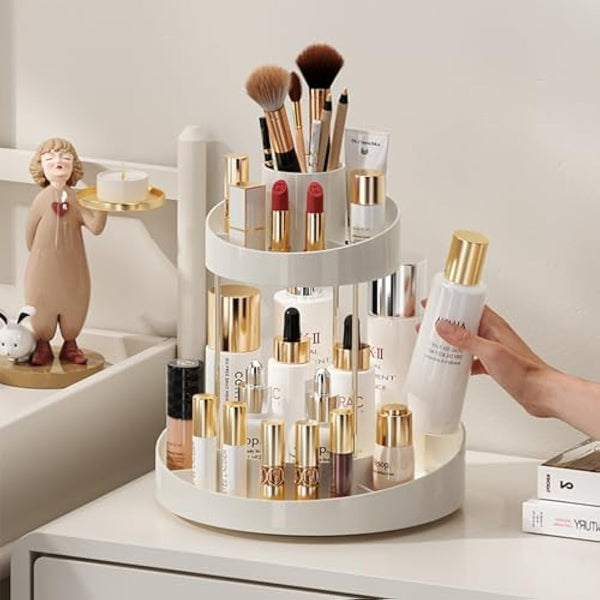 Baoswi 360° Rotating Makeup Organiser, 2 Tiers Perfume Organiser, Skincare Cosmetic Organiser, Dressing Table Organiser for Lipsticks, Makeup Brushes, Lotion, Perfume, Cosmetic (Beige)