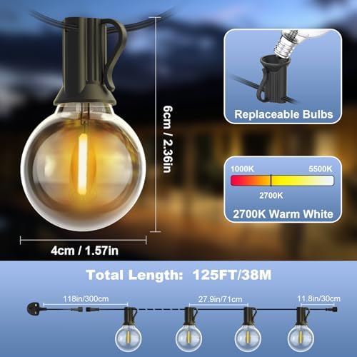 Yuusei Festoon Lights Outdoor Lights, 125FT/38M Garden Lights Mains Powered, IP45 Waterproof String Lights, 46+2 G40 LED Shatterproof Bulbs for Outside Fence Patio Gazebo Party Pergola