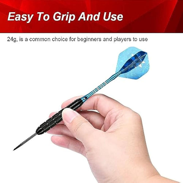 flintronic 6 Pack Steel Darts Set,Professional 22g/23g/24g Darts Tip with Non-slip Stainless Steel Shaft,4 Style Poly Flights,PVC Shafts,Dart Sharpener,Rubber Rings,Flight Protecter