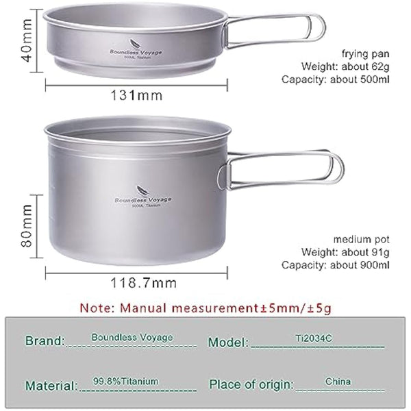 iBasingo Titanium Pot Pan Set Camping Cookware Ultralight Outdoor Backpacking Cooking Set with Folding Handle