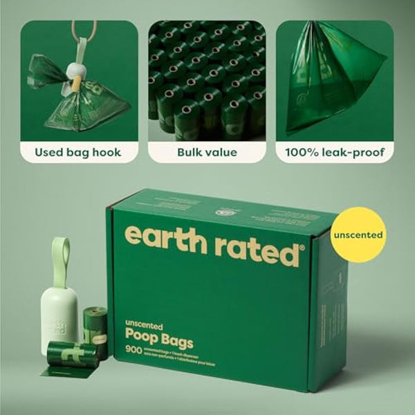 Earth Rated Dog Poo Bag Holder with Dog Poo Bags Rolls, Durable and Guaranteed Leakproof, Unscented, 1 Dispenser and 900 Bags