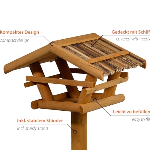 dobar? 48000FSC Bird Feeder with Stand - Wooden Bird Feeder with Reed Roof - Bird House with Tripod Stand - Bird Villa for Garden/Patio/Balcony - 44 x