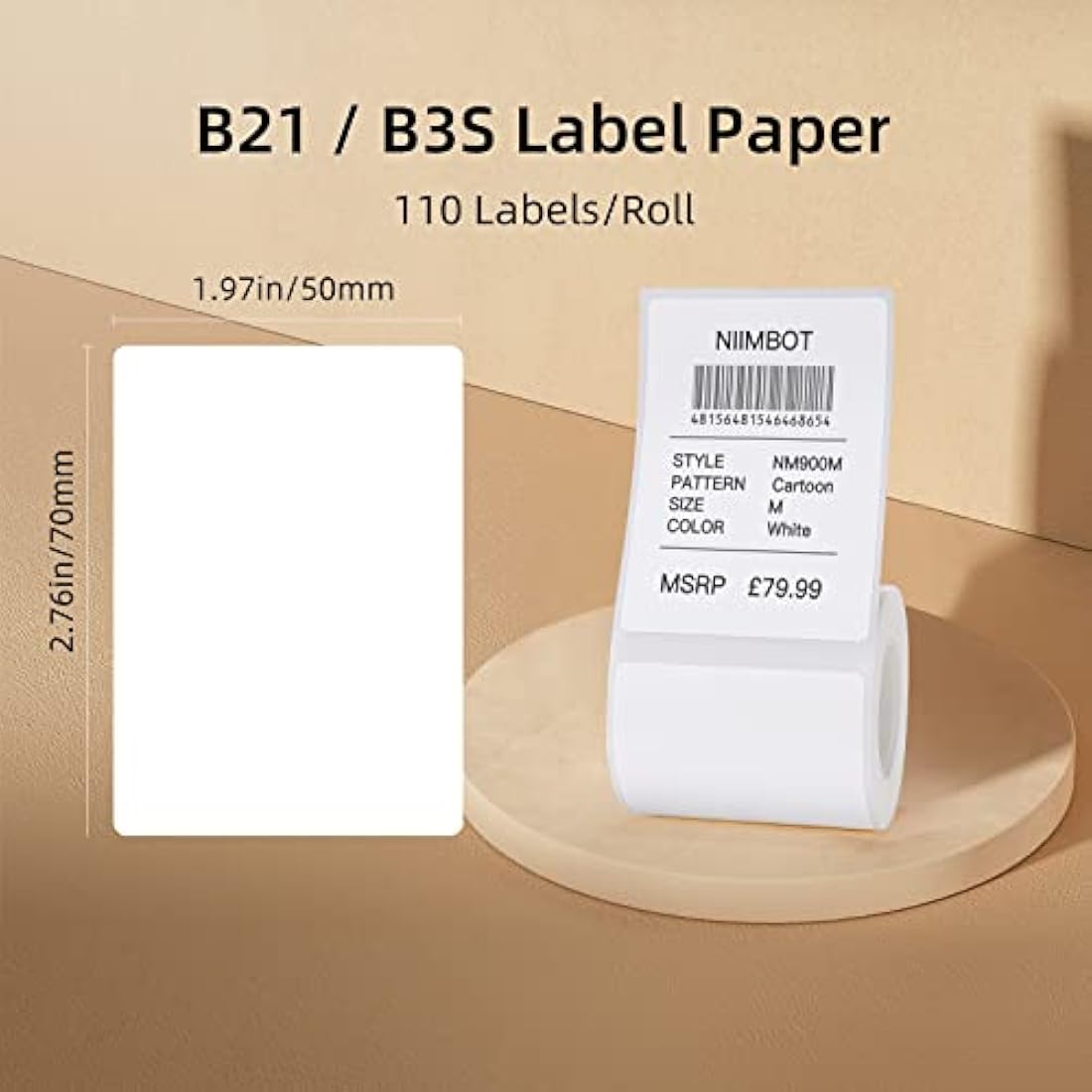 NIIMBOT B21/B3S Lable Maker Tape 1.97" x 2.76" (50×70mm) Waterproof Sticker Paper Shipping Address Labeling Replacement with Self-Adhesive,1 Roll of 110pcs (White)