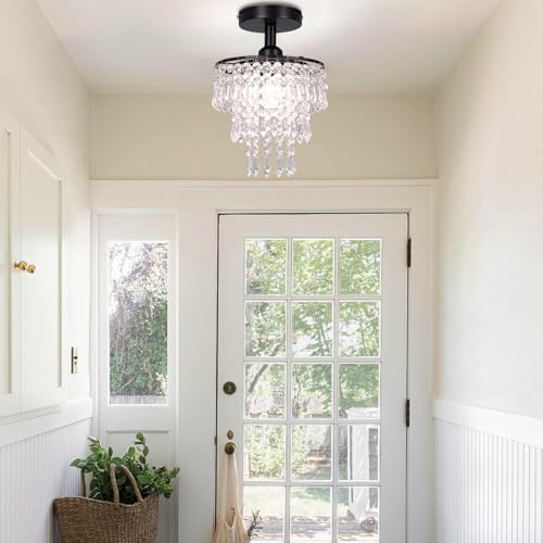FRIXCHUR Mini Crystal Chandelier Ceiling Light Hallway Black Ceiling Lighting Fixture 3 Tiers Crystal Raindrop Flush Mount Chandeliers for Bedroom Kitchen Dining Room