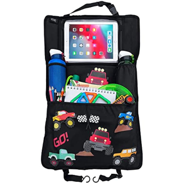 HECKBO 1x car backseat organizer with adjustable tablet pocket for tablets up to 20 inches with touch foil - monster truck - universal fit - incl. thermo pocket + stretch net pocket - washable