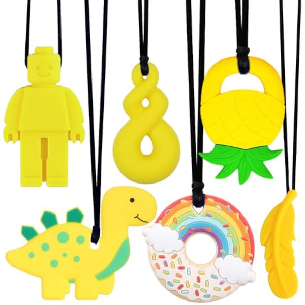6PCS Sensory Chew Necklace, Teether Chew Toys Safety Food Grade Silicone for Kids Toddlers ADHD, Autistic, Biting Needs, Oral Motor Teether Chew Pendant Toy with Adjustable Buckle for Baby (Yellow)