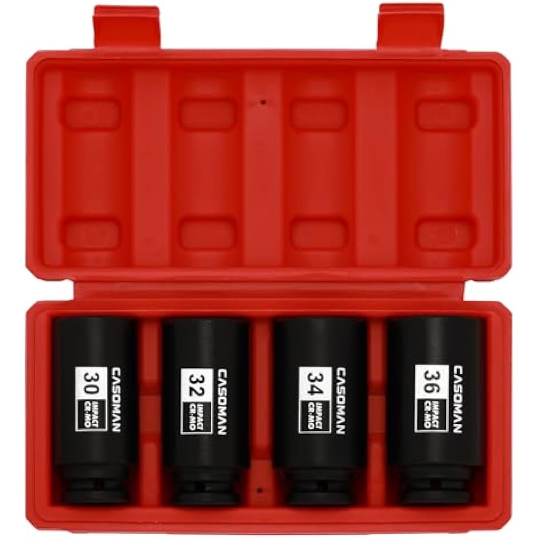 CASOMAN 4 Pieces 1/2" Dr. Heavy Duty Impact Socket Set, 12-Point, Metric, CR-MO, 30,32,34,36mm, 1/2-Inch Drive Deep Spindle Axle Nut Impact Socket Set