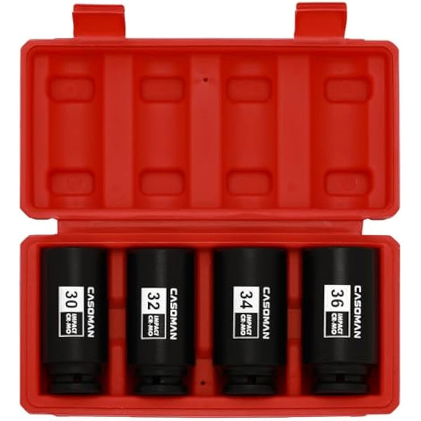 CASOMAN 4 Pieces 1/2" Dr. Heavy Duty Impact Socket Set, 12-Point, Metric, CR-MO, 30,32,34,36mm, 1/2-Inch Drive Deep Spindle Axle Nut Impact Socket Set
