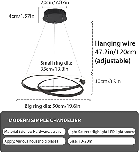 Eoodis Modern LED Chandelier Dimmable 2 Rings LED Pendant Light with Remote Control Black Chandelier Light Fixture Hanging Lamp for Kitchen Dining