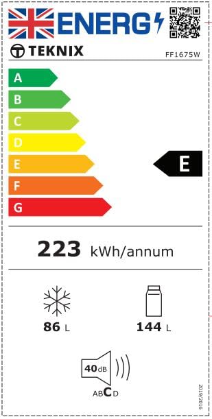 Teknix FFH1825WB 55cm Freestanding 50/50 Fridge Freezer - 256 Litre Capacity - Total No Frost - Non-plumbed Water Dispenser - Black, H182.5 x W55 x D56.2 (cm)