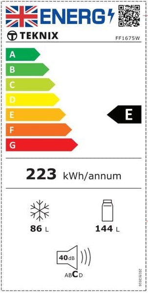 Teknix FFH1825WB 55cm Freestanding 50/50 Fridge Freezer - 256 Litre Capacity - Total No Frost - Non-plumbed Water Dispenser - Black, H182.5 x W55 x D56.2 (cm)