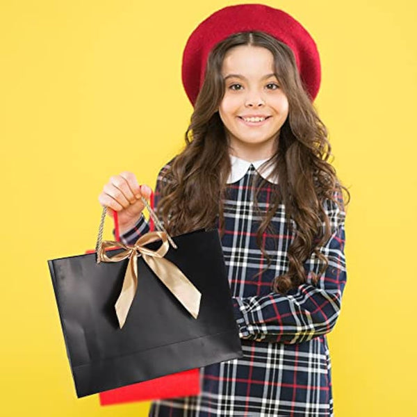 10 Pcs Black Gift Bags with Gold Bow Ribbon, Paper Party Favor Bag with Handles Gift Bags Large for Wedding Graduation Birthday Party Celebration Present Bags, 13x9.8x4.3 Inches