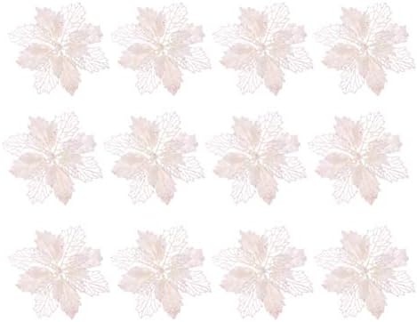 12pcs Glitter Poinsettia Christmas Artificial Flowers Christmas Tree Floral Ornaments Decorations Xmas Tree Pendant Christmas Wreath Filler (White)