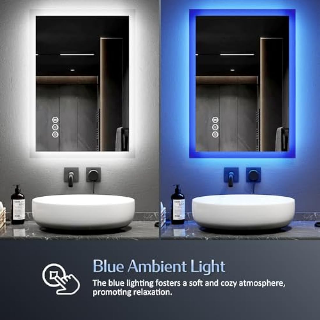 EMKE Blue Atmosphere Illuminated Bathroom Mirror with Shaver Socket, 500x700mm Bathroom Led Mirror with Bluetooth Speaker, 3 Color Tone, Memory Dimmable and Anti Fog, Horizontal/Vertical