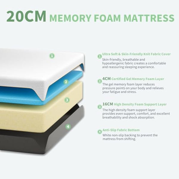 Doubleslee Memory Foam Mattress, 5FT King Mattress, Medium Firm Feel, Soft Skin-friendly Durable, Sleep Cooler and Back Pain Relief, in a Box(150x200x20cm)