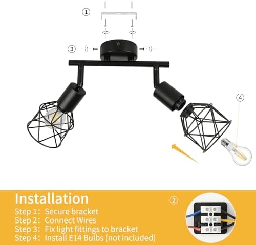 FORCOSO Ceiling Lights Spotlight, 2 Way Spot Lights 350°Adjustable, E14 Base Black Light Shade Metal Wire Cage Light Fittings, Industrial Wall Ceiling Lamp for Kitchen Living Room Hallway Bedroom