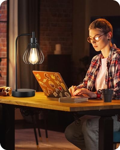 EDISHINE Bedside Lamps Set of 2, Dimmable LED Table Lamp, Teardrop Cage Lampshade, USB Charging Ports, Touch Lamps for Living Room, Bedroom, E27 Socket, Bulb Included, Black