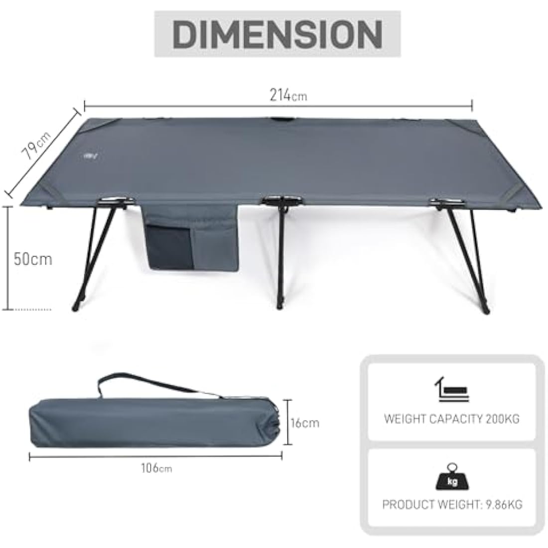 EVER ADVANCED Adult Camp Cot, Heavy Duty Folding Bed with Side Pocket, Portable Camping Bed for Outdoor Use, Loads 200KG