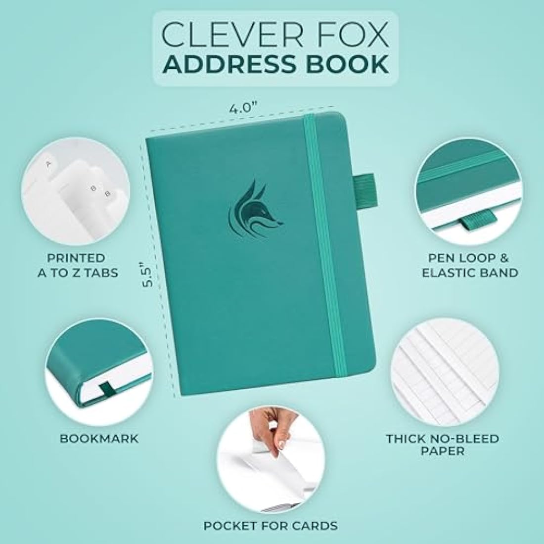 Clever Fox Address Book with alphabetic tabs - PU Leather Telephone and Address Book for Keeping Contacts Safe, Contact Organizer Journal, Small Size (10.5 x 14cm), Hardcover, Turquoise