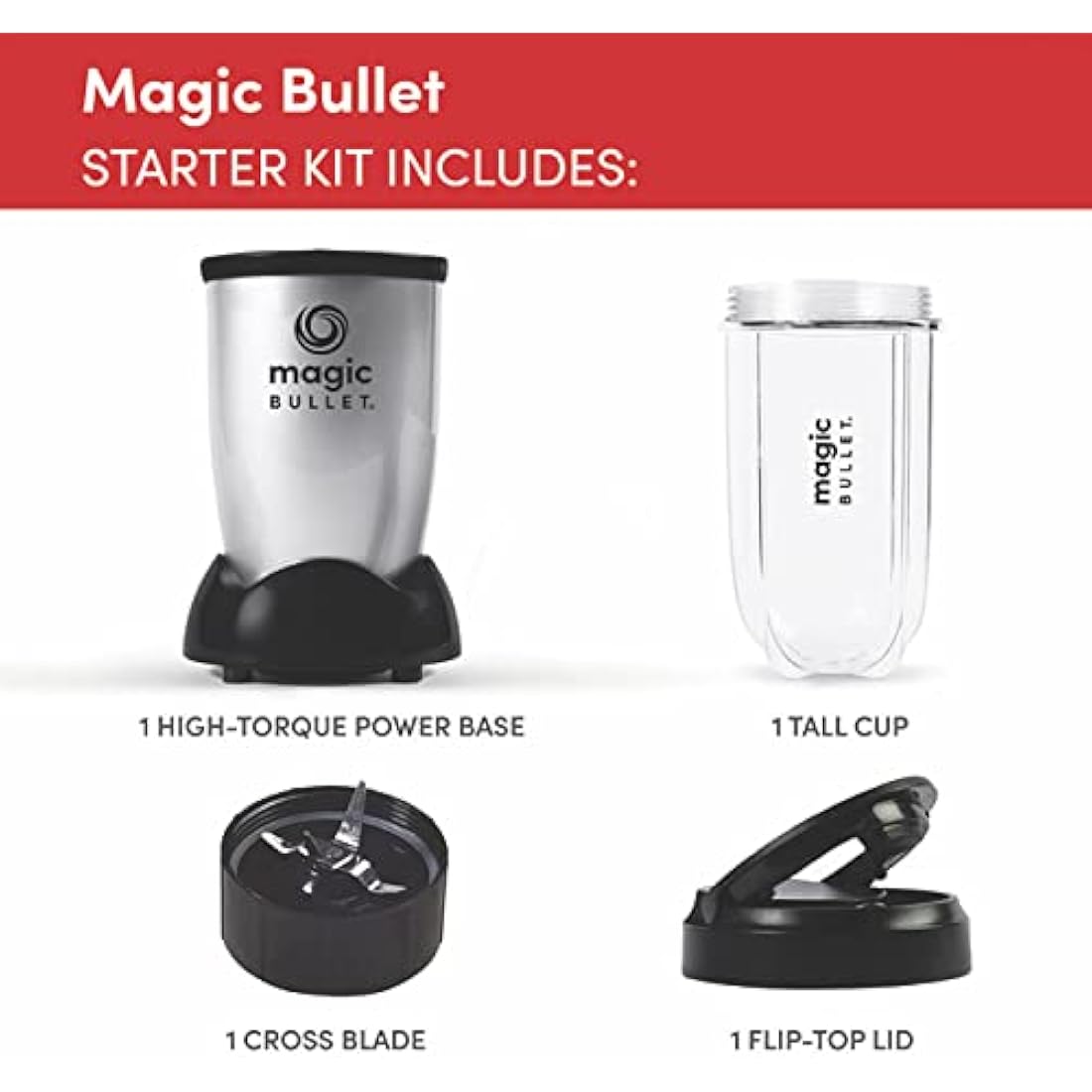 nutribullet magic bullet Starter Kit - All-in-one Food Processor & Blender - 10,000 RPM Speed - 4 Piece Kit with High Torque Power Base, Tall Cup & Flip Top Lid & Cross Blade - For Meal Prep