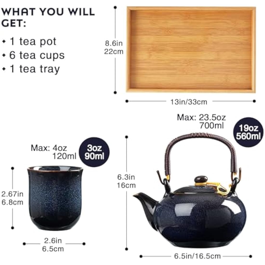 DUJUST Japanese Porcelain Tea Set for 6, Kiln Altered Glaze Teapot & Cups, Unique Adult Gift, Dark Blue