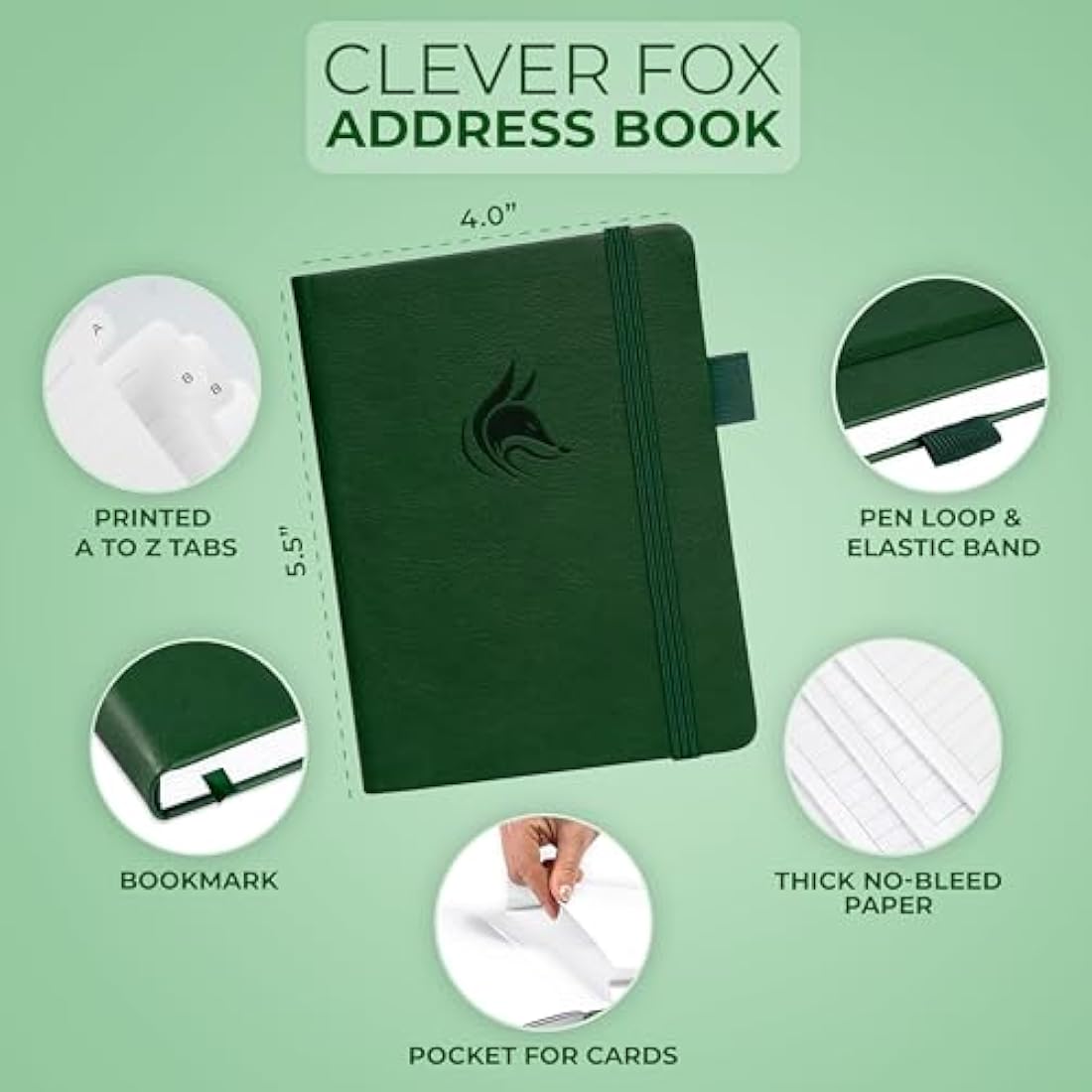 Clever Fox Address Book with alphabetic tabs - PU Leather Telephone and Address Book for Keeping Contacts Safe, Contact Organizer Journal, Small Size (10.5 x 14cm), Hardcover, Forest Green