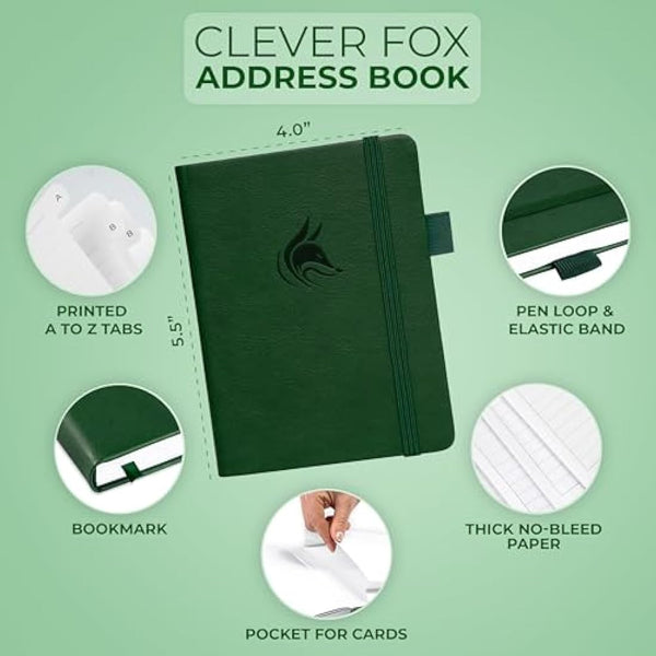Clever Fox Address Book with alphabetic tabs - PU Leather Telephone and Address Book for Keeping Contacts Safe, Contact Organizer Journal, Small Size (10.5 x 14cm), Hardcover, Forest Green
