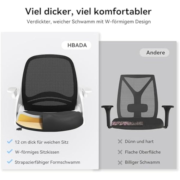 Hbada Office Chair Desk Chair Flip-up Armrest Ergonomic Task Chair Compact 120° Locking 360° Rotation Seat Surface Lift Reinforced Nylon Resin Base, White