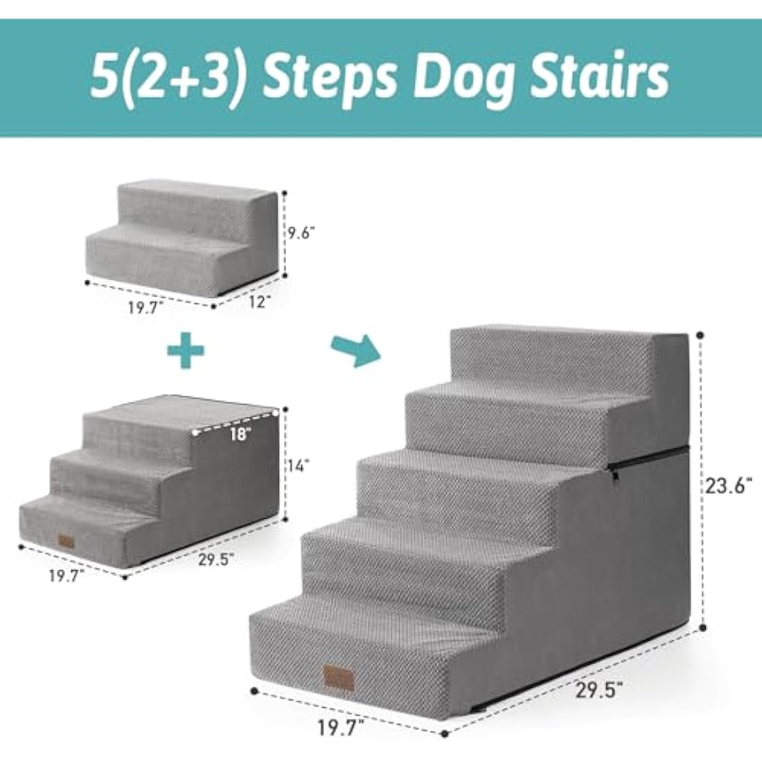 COZY KISS Wide Dog Stairs for Small Dogs, 2-in-1 Pet Steps for Couch Bed Sofa, 60cm High Non-Slip Dog Climbing Steps for Puppies and Old Cats with Support Board (Grey, 75x50x60cm, 5)