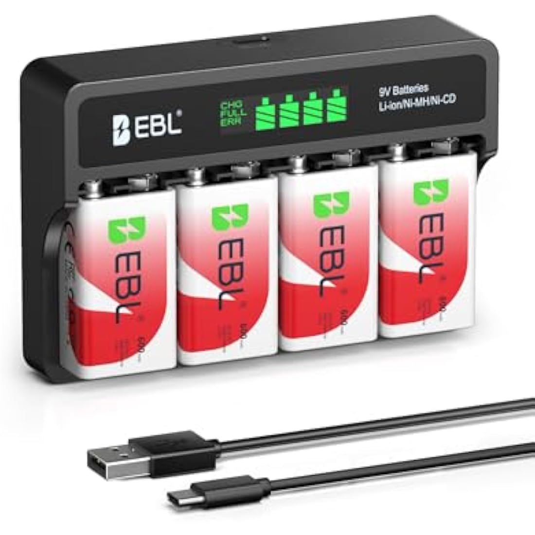 EBL 9 Volt 600mAh Rechargeable Batteries Li-ion Batteries with Smart LCD 9V Battery Charger for 9V Lithium-ion/Ni-MH/Ni-CD Rechargeable Batteries