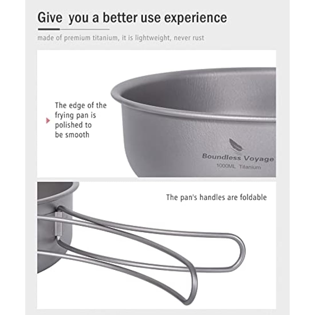 iBasingo 1000ml Titanium Frying Pan 19cm Camping Cookware with Lid & Folding handle Outdoor Lightweight Portable Griddle Hiking Skillet Dish Plate Bowl Kitchen Cooking Kit