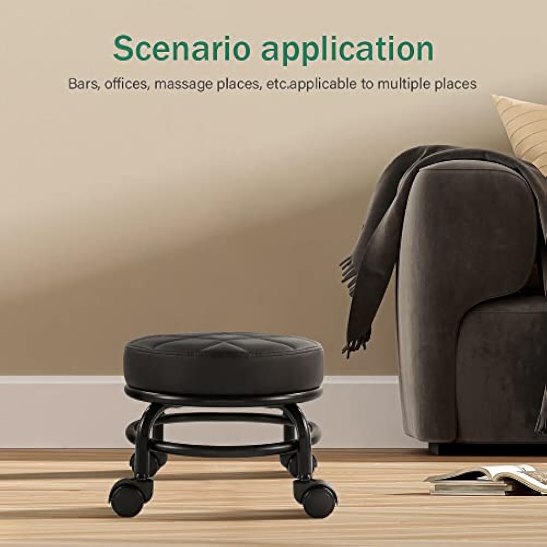 FURWOO Roller Seat PU Leather Low Round Rolling Floor Stool with Universal Caster Wheels for Home Fitness Sport Pedicure Stool, H：25.5cm(Black)