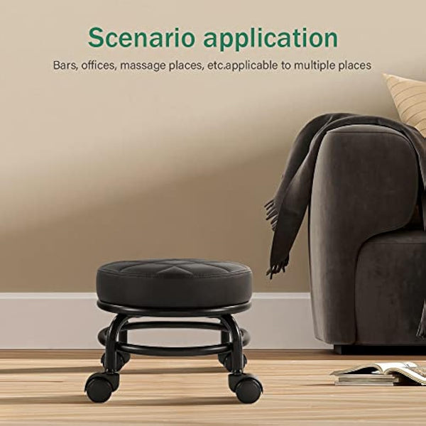 FURWOO Roller Seat PU Leather Low Round Rolling Floor Stool with Universal Caster Wheels for Home Fitness Sport Pedicure Stool, H：25.5cm(Black)