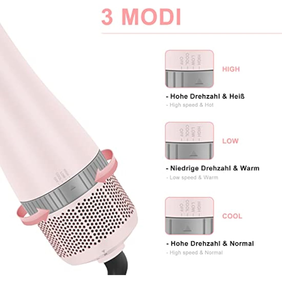 4 in 1 Hair Dryer Brush Set, Multi Air Styler with 4 Attachments as Hairdryer, Hot Air Brush, Hair Diffuser, Hot Brush for Hair Styling, Ionic Care Frizz-Free, Pink