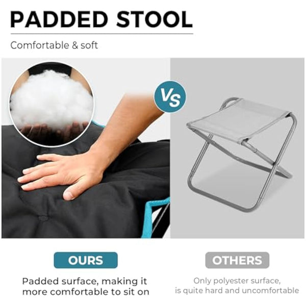 FUNDANGO Oversized Camping Stool with cushion, 18.1 Inch footstool 400 Lbs Heavy Duty Padded Collapsible folding stool Portable Foldable seat for Outdoor Garden Fishing Hiking with Carry Bag (Black)