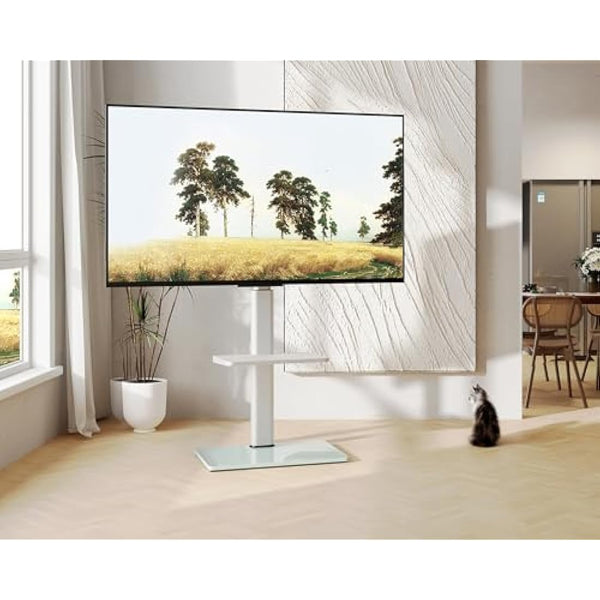 FITUEYES White TV Floor Stand for 32 to 60 inch TVs, Floor Standing TV Stand with Adjustable Shelf, Swivel Bracket, Height Adjustable, Holds 30kgs, Max VESA 600x400mm