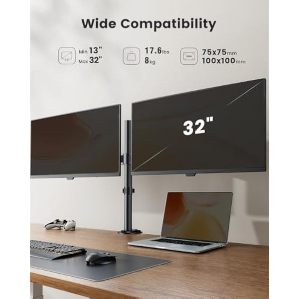ErGear Dual Monitor Stand for 13 to 32 Inch Screens, Dual Monitor Arm Ergonomic Viewing Angle - Adjustable Tilt 90°/ Swivel 180°/ Rotate 360°/ VESA 75/100mm