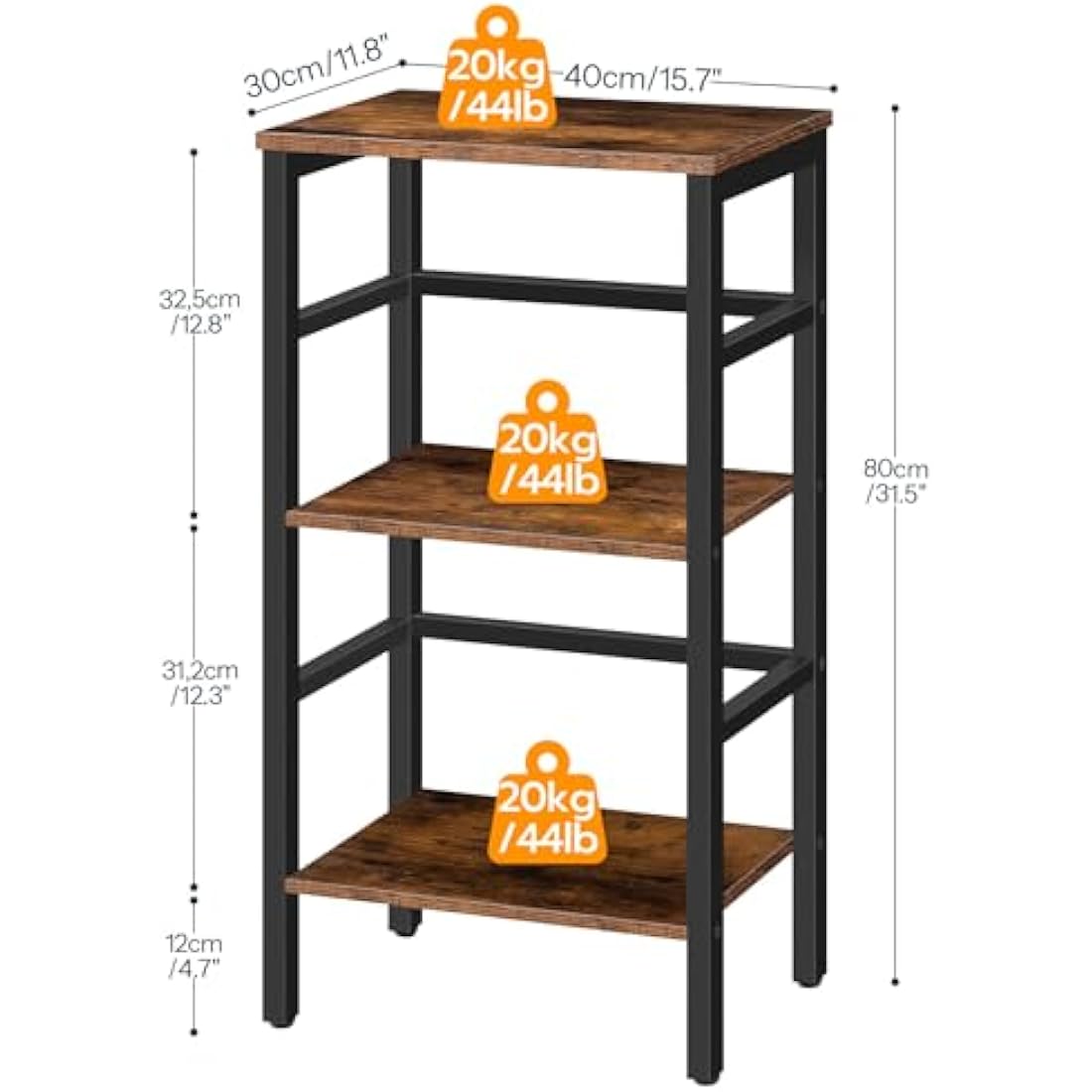 HOOBRO Tall Side Table, Record Player Stand, 3-Tier End Table, Plant Stand, 3-Layer Bookshelf, 40 x 30 x 80 cm, Industrial, for Living Room, Bedroom, Home Office, Kitchen, Rustic Brown EBF80CJ01